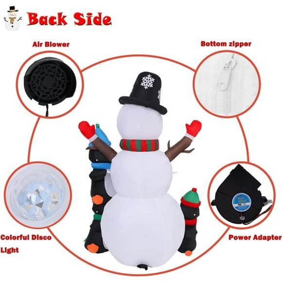 6FT Christmas Inflatables Snowman with Three Penguins, with LED - Picture 4 of 6